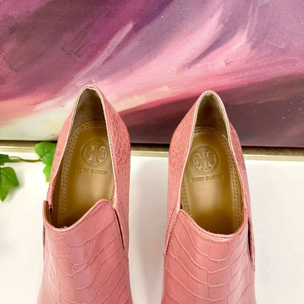 Tory Burch Pink Croc-Embossed Pointed Toe Ankle Booties